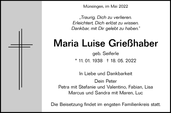 Traueranzeige von Maria Luise Grießhaber von Alb-Bote/Metzinger-Uracher Volksblatt