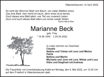 Traueranzeige von Marianne Beck von NWZ Neue Württembergische Zeitung