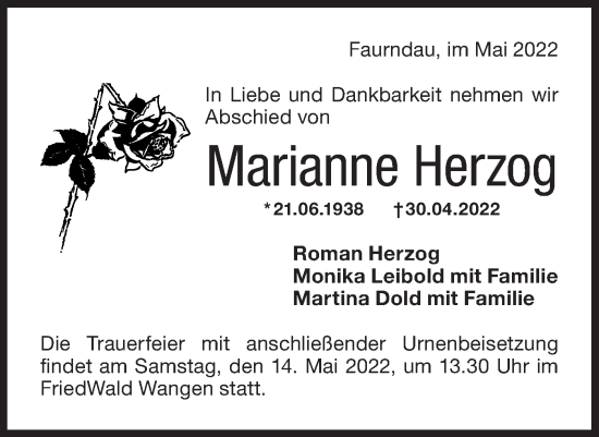 Traueranzeige von Marianne Herzog von NWZ Neue Württembergische Zeitung