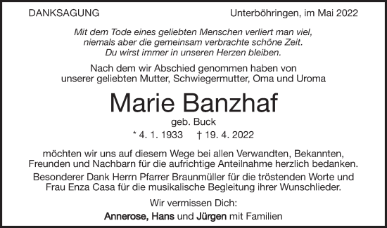 Traueranzeige von Marie Banzhaf von Geislinger Zeitung