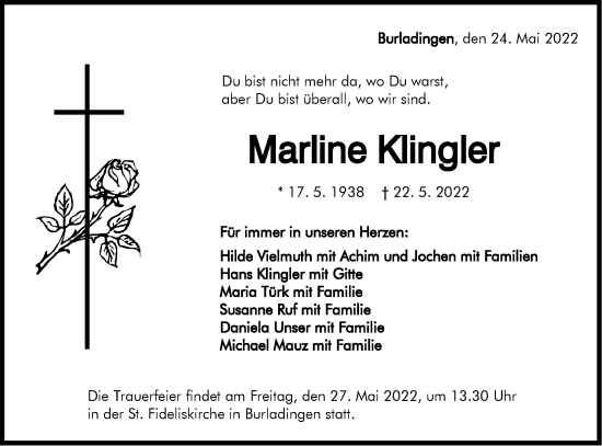 Traueranzeige von Marline Klingler von Metzinger-Uracher Volksblatt