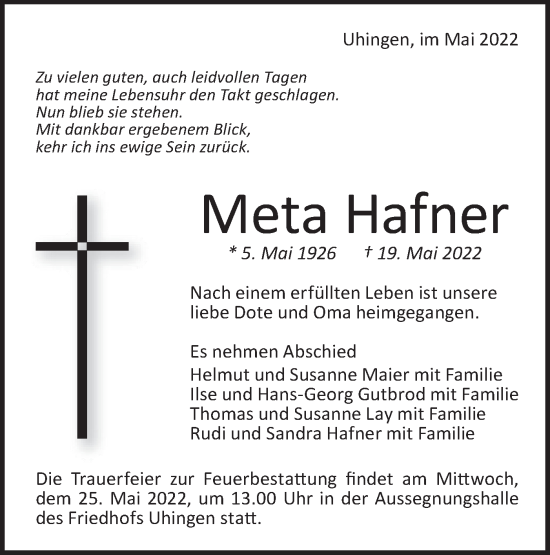 Traueranzeige von Meta Hafner von NWZ Neue Württembergische Zeitung