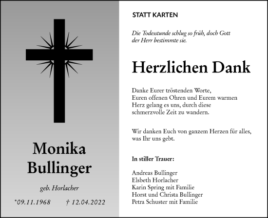 Traueranzeige von Monika Bullinger von Hohenloher Tagblatt