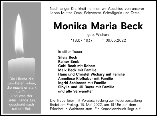 Traueranzeige von Monika Maria Beck von Hohenloher Tagblatt