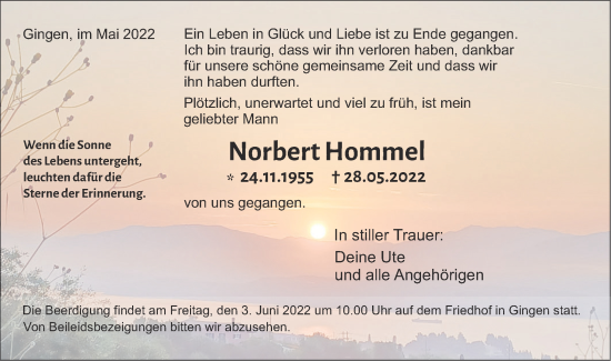 Traueranzeige von Norbert Hommel von Geislinger Zeitung