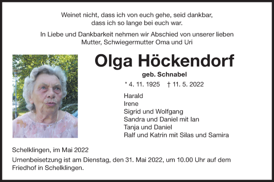 Traueranzeige von Olga Höckendorf von Ehinger Tagblatt