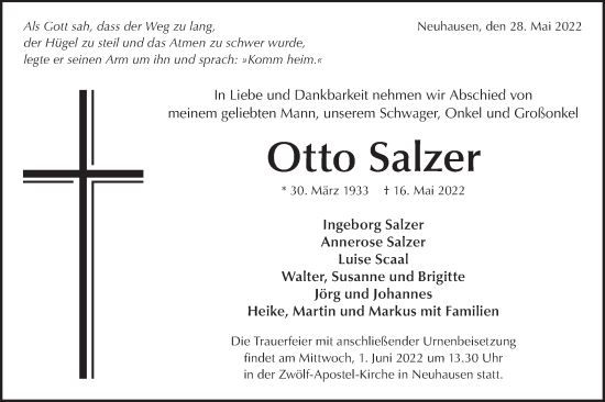 Traueranzeige von Otto Salzer von Metzinger-Uracher Volksblatt