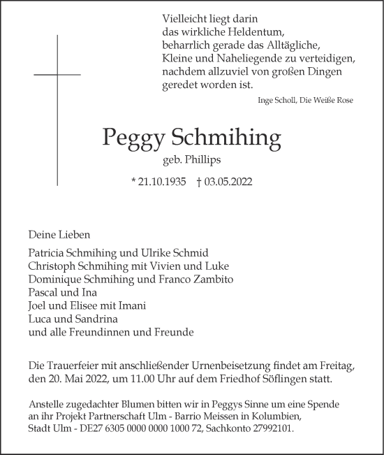 Traueranzeige von Peggy Schmihing von SÜDWEST PRESSE Ausgabe Ulm/Neu-Ulm