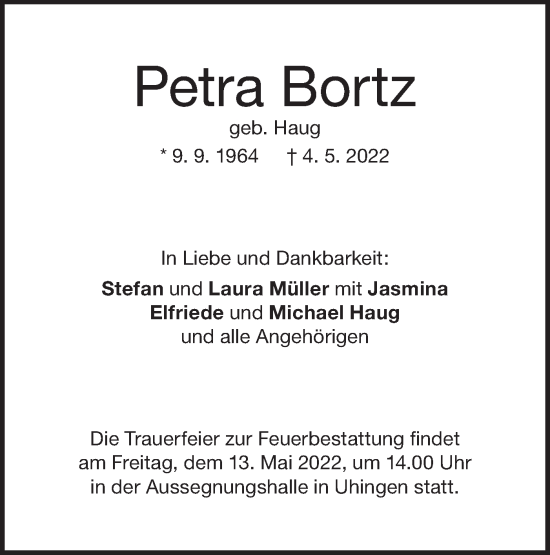 Traueranzeige von Petra Bortz von NWZ Neue Württembergische Zeitung