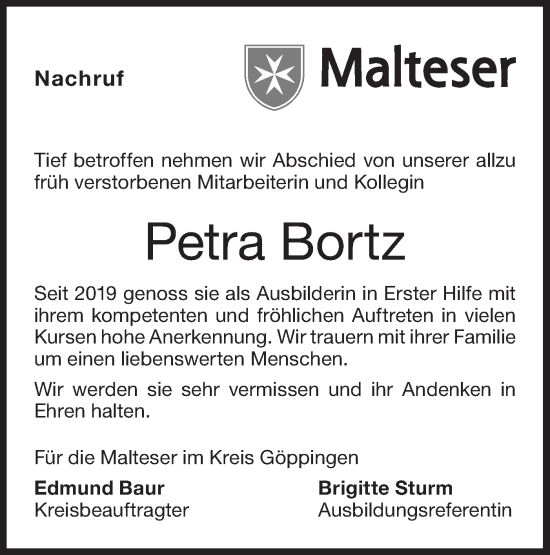 Traueranzeige von Petra Bortz von NWZ Neue Württembergische Zeitung