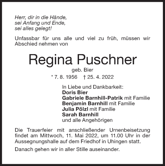 Traueranzeige von Regina Puschner von NWZ Neue Württembergische Zeitung