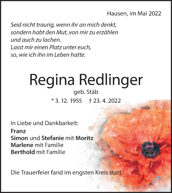 Traueranzeige von Regina Redlinger von Geislinger Zeitung