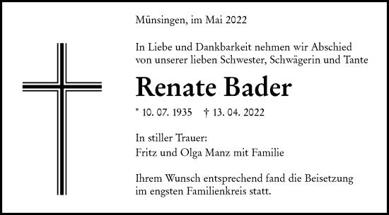 Traueranzeige von Renate Bader von Alb-Bote/Metzinger-Uracher Volksblatt