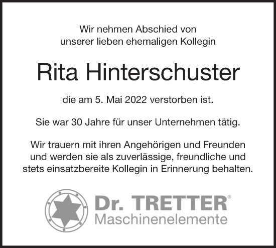 Traueranzeige von Rita Hinterschuster von NWZ Neue Württembergische Zeitung