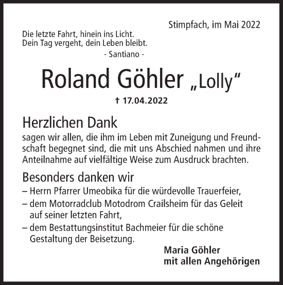 Traueranzeige von Roland Göhler von Hohenloher Tagblatt