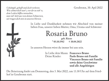 Traueranzeige von Rosaria Bruno von Hohenloher Tagblatt