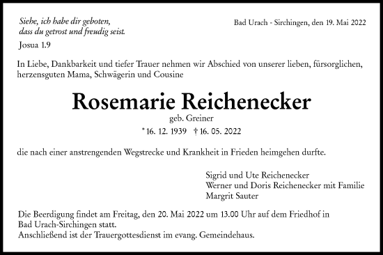 Traueranzeige von Rosemarie Reichenecker von Metzinger-Uracher Volksblatt