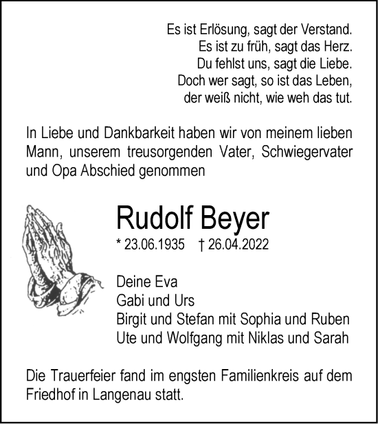 Traueranzeige von Rudolf Beyer von SÜDWEST PRESSE Ausgabe Ulm/Neu-Ulm