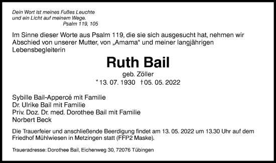 Traueranzeige von Ruth Bail von Metzinger-Uracher Volksblatt