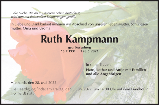 Traueranzeige von Ruth Kampmann von Hohenloher Tagblatt