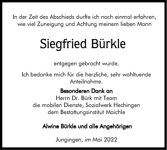 Traueranzeige von Siegfried Bürkle von Metzinger-Uracher Volksblatt