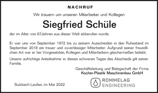 Traueranzeige von Siegfried Schüle von Haller Tagblatt/Rundschau Gaildorf