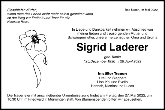 Traueranzeige von Sigrid Laderer von Metzinger-Uracher Volksblatt