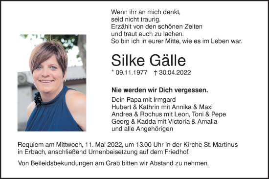 Traueranzeige von Silke Gälle von SÜDWEST PRESSE Ausgabe Ulm/Neu-Ulm