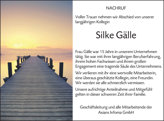 Traueranzeige von Silke Gälle von SÜDWEST PRESSE Ausgabe Ulm/Neu-Ulm