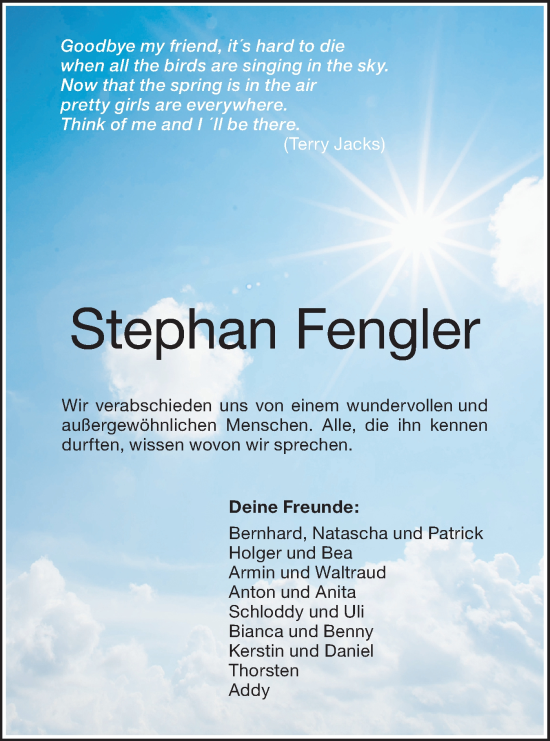 Traueranzeige von Stephan Fengler von SÜDWEST PRESSE Ausgabe Ulm/Neu-Ulm