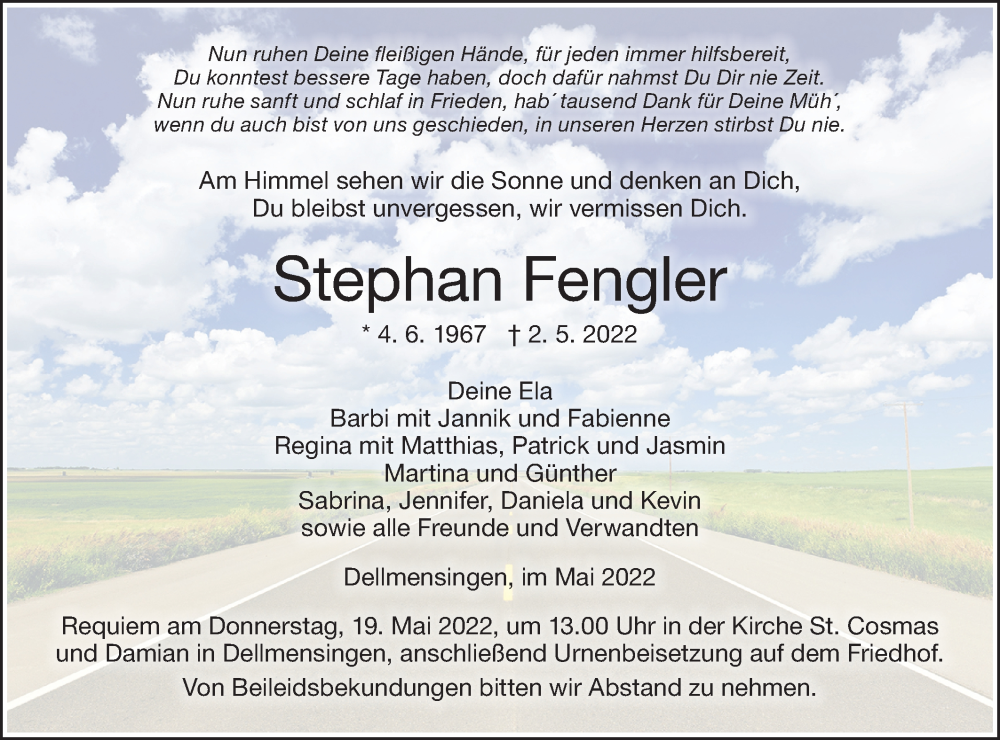  Traueranzeige für Stephan Fengler vom 07.05.2022 aus SÜDWEST PRESSE Ausgabe Ulm/Neu-Ulm