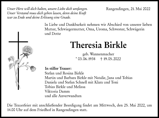 Traueranzeige von Theresia Birkle von Metzinger-Uracher Volksblatt