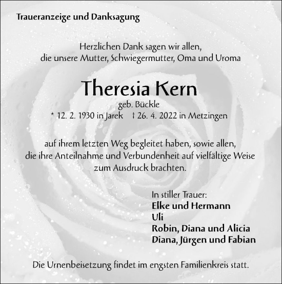 Traueranzeige von Theresia Kern von Metzinger-Uracher Volksblatt