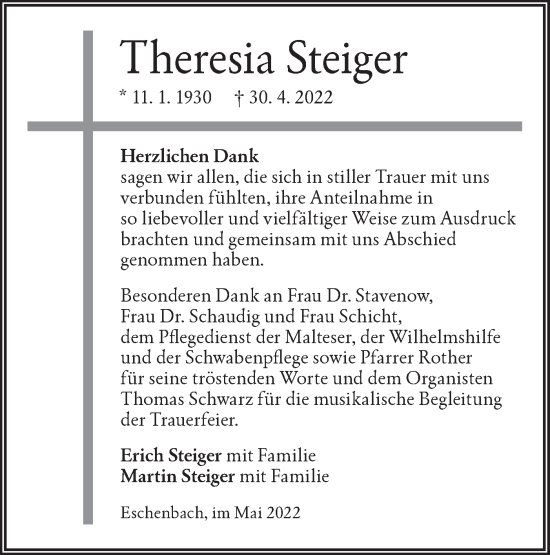 Traueranzeige von Theresia Steiger von NWZ Neue Württembergische Zeitung