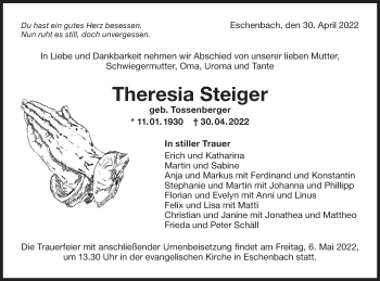 Traueranzeige von Theresia Steiger von NWZ Neue Württembergische Zeitung