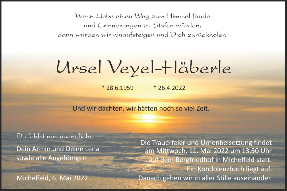  Traueranzeige für Ursel Veyel-Häberle vom 06.05.2022 aus Haller Tagblatt