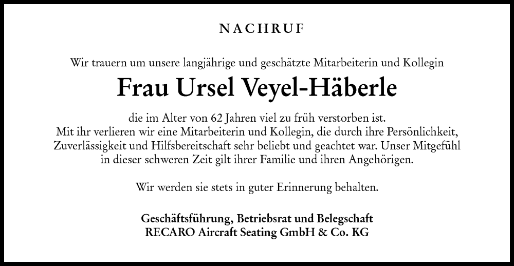  Traueranzeige für Ursel Veyel-Häberle vom 06.05.2022 aus Haller Tagblatt