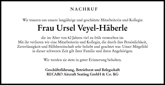 Traueranzeige von Ursel Veyel-Häberle von Haller Tagblatt