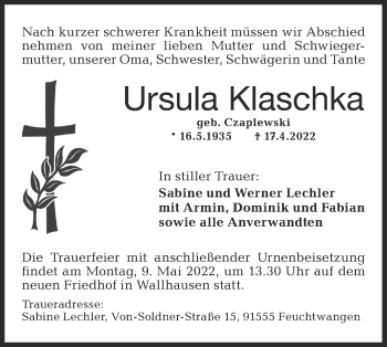 Traueranzeige von Ursula Klaschka von Hohenloher Tagblatt