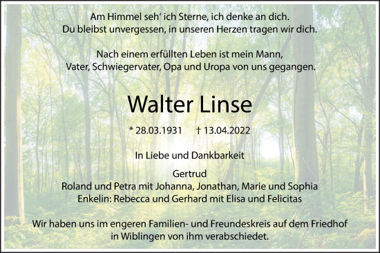 Traueranzeige von Walter Linse von SÜDWEST PRESSE Ausgabe Ulm/Neu-Ulm