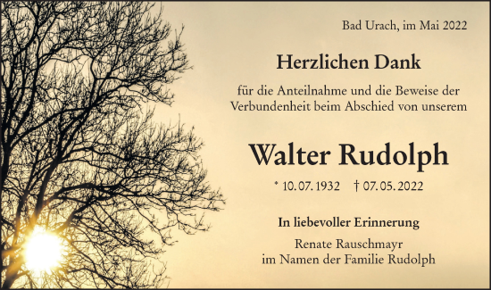 Traueranzeige von Walter Rudolph von Metzinger-Uracher Volksblatt