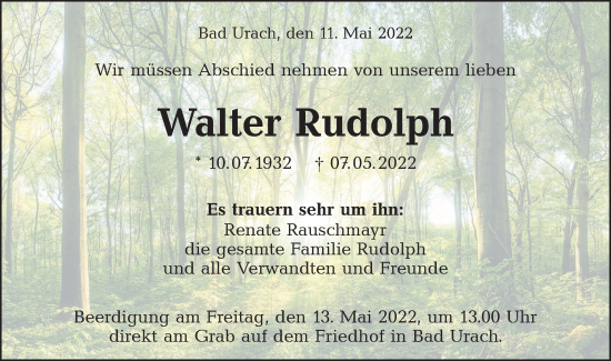 Traueranzeige von Walter Rudolph von Metzinger-Uracher Volksblatt