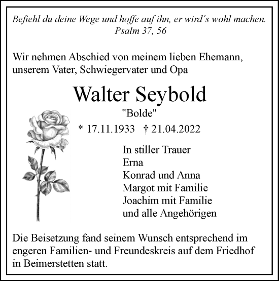 Traueranzeige von Walter Seybold von SÜDWEST PRESSE Ausgabe Ulm/Neu-Ulm