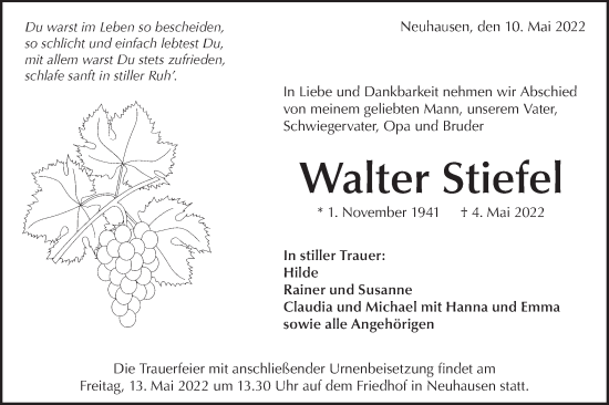 Traueranzeige von Walter Stiefel von Metzinger-Uracher Volksblatt