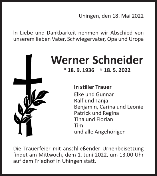 Traueranzeige von Werner Schneider von NWZ Neue Württembergische Zeitung