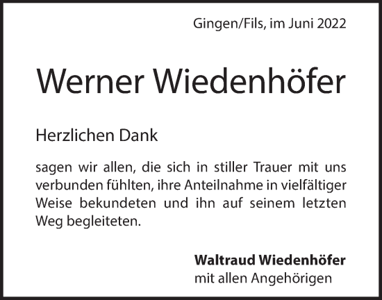 Traueranzeige von Werner Wiedenhöfer von Geislinger Zeitung