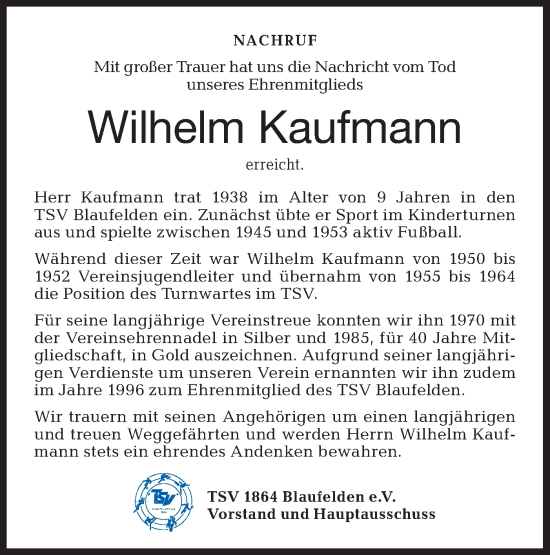 Traueranzeige von Wilhelm Kaufmann von Hohenloher Tagblatt