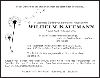 Traueranzeige von Wilhelm Kaufmann von Hohenloher Tagblatt