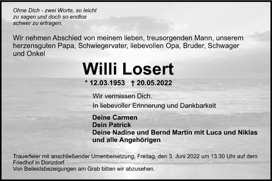 Traueranzeige von Willi Losert von NWZ Neue Württembergische Zeitung