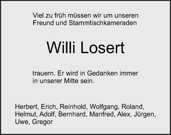 Traueranzeige von Willi Losert von NWZ Neue Württembergische Zeitung